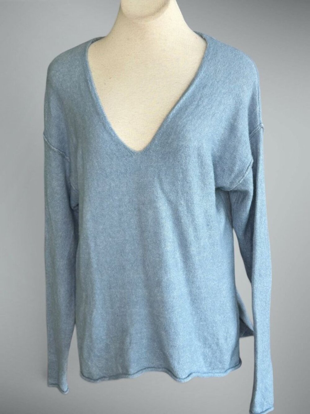 Belle France Cashmere Sweater Light Blue V Neck Quiet Luxury